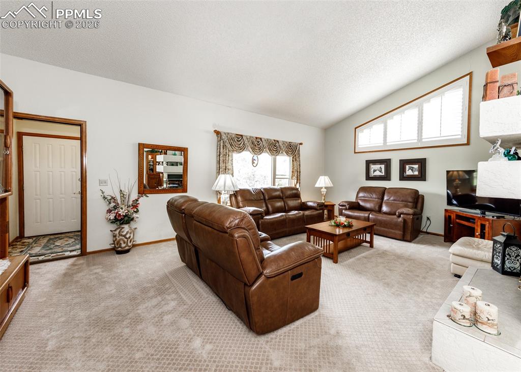 Spacious family room boasting abundant natural light through large windows and a cozy ambiance provided by a functional gas fireplace, perfect for relaxation and entertainment.
