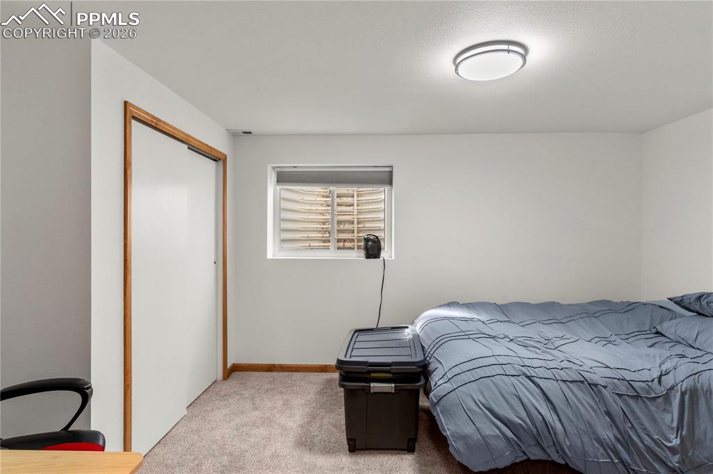 Basement bedroom with carpet and large closet. 