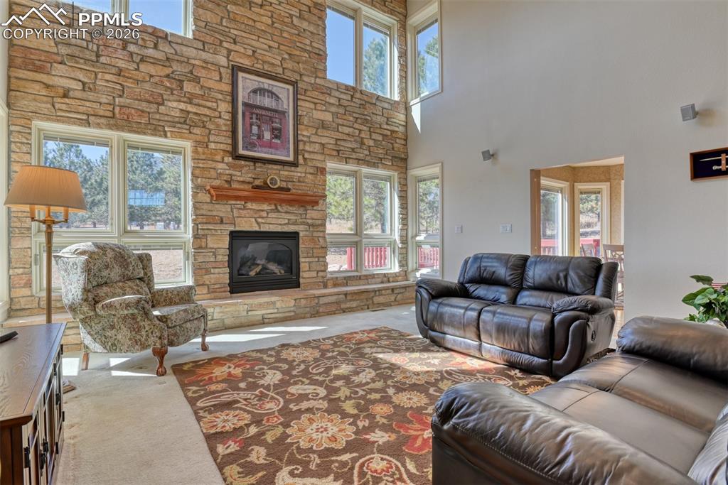 Great room has views of the trees in the back yard, surround sound speakers, and is located off the kitchen.