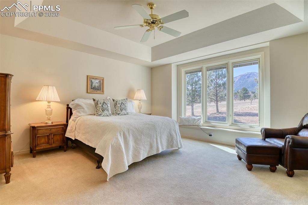Primary bedroom has mountain views, coffered ceiling, window seat, and Pella windows with built-in blinds. 