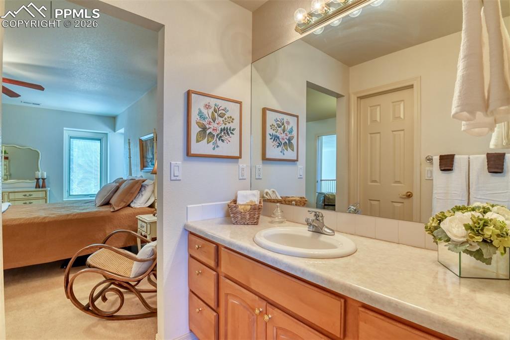Bathroom has plenty of counter space...see door to enter walk-in closet in the mirror. 