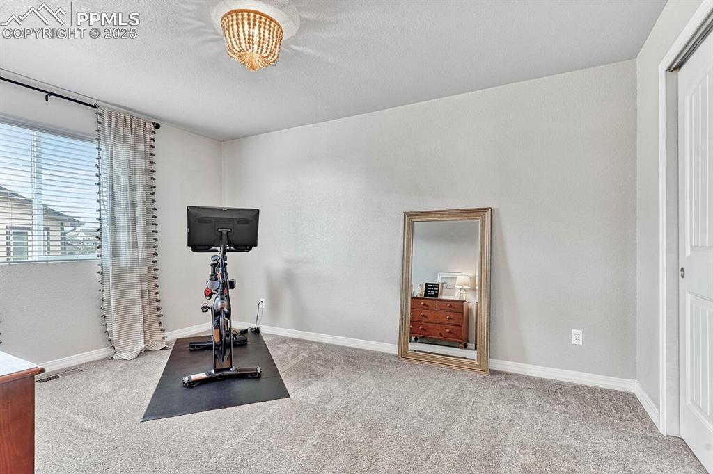 Exercise area or bedroom featuring baseboards, carpet floors, and a textured ceiling