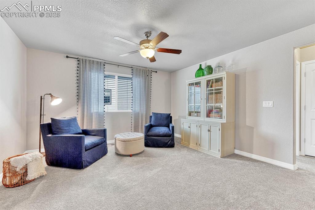 Living area with a textured ceiling, a ceiling fan, baseboards, and carpet floors