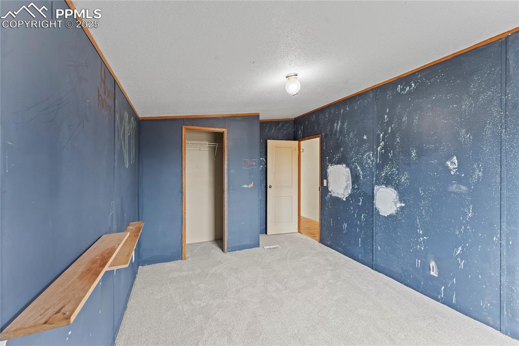 Unfurnished bedroom featuring carpet flooring, a closet, and vaulted ceiling