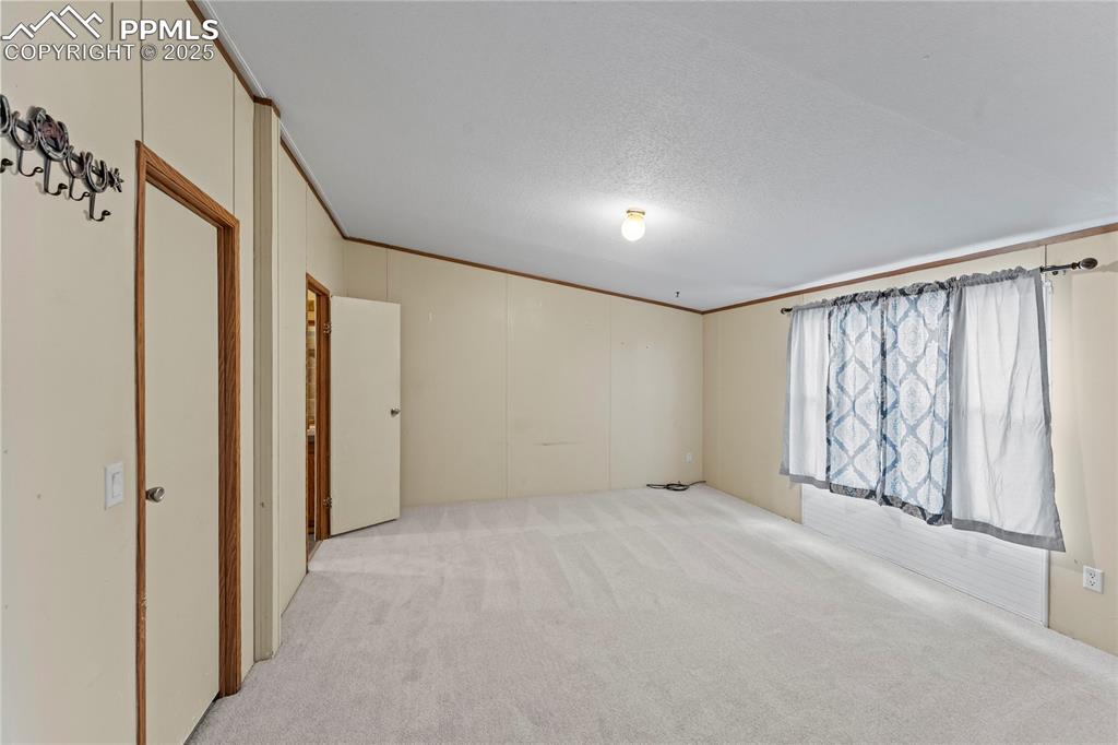 Unfurnished bedroom featuring light colored carpet, ornamental molding, and a textured ceiling
