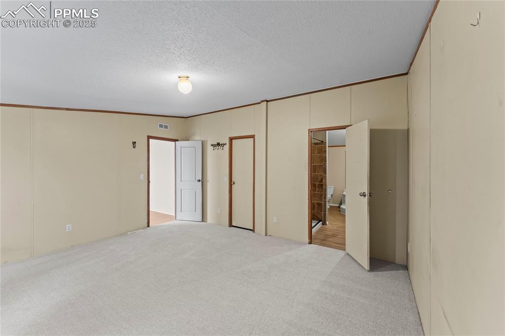 Unfurnished bedroom with carpet, a textured ceiling, ensuite bathroom, a decorative wall, and crown molding