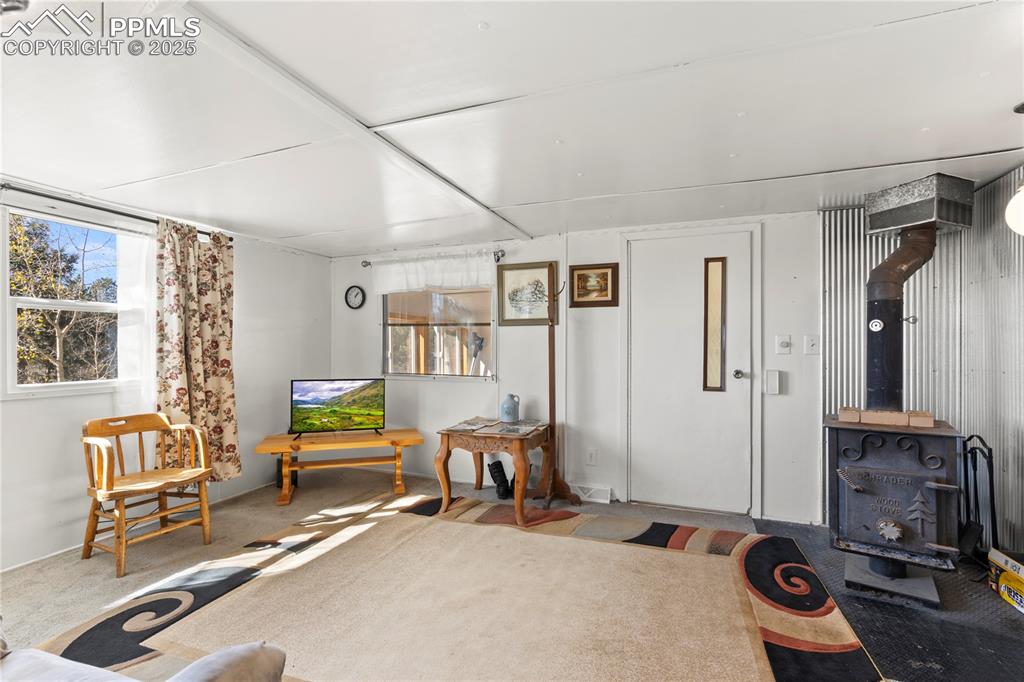 Living area featuring healthy amount of natural light, carpet floors, and a wood stove