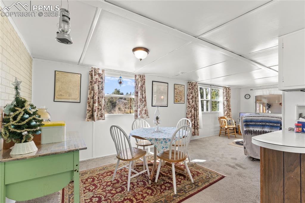Dining space with light carpet