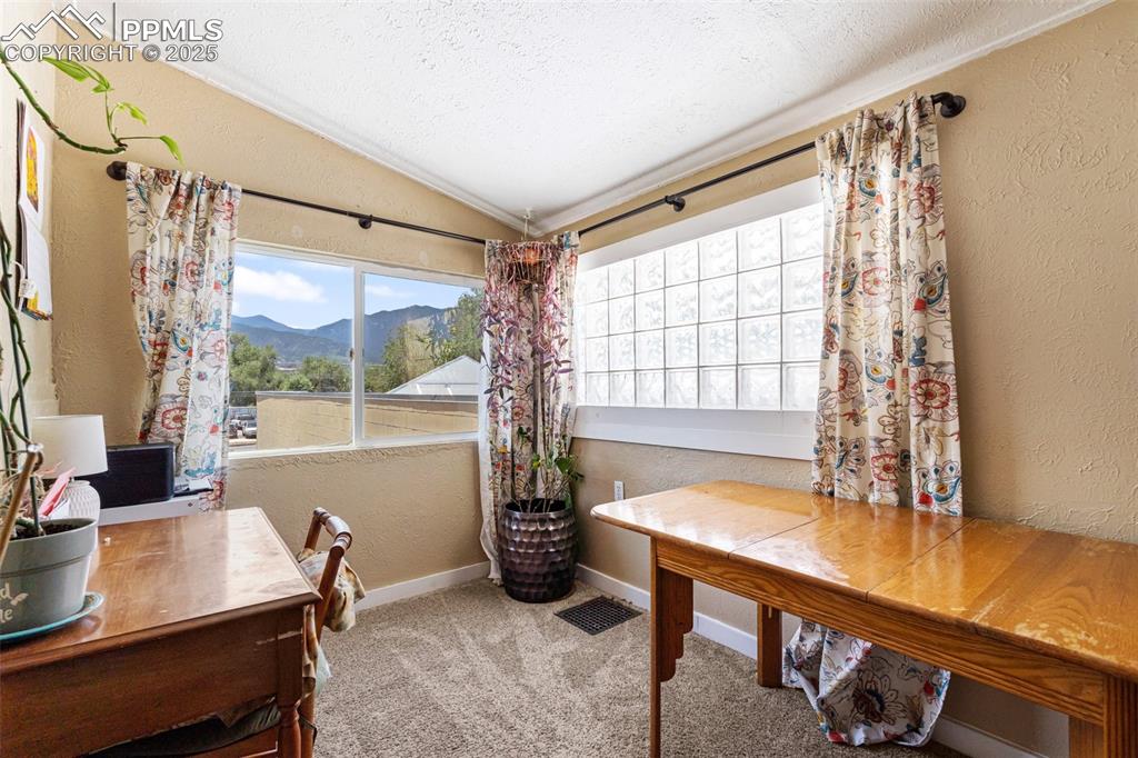 Office featuring a textured wall, a mountain view, a textured ceiling, light colored carpet, and vaulted ceiling