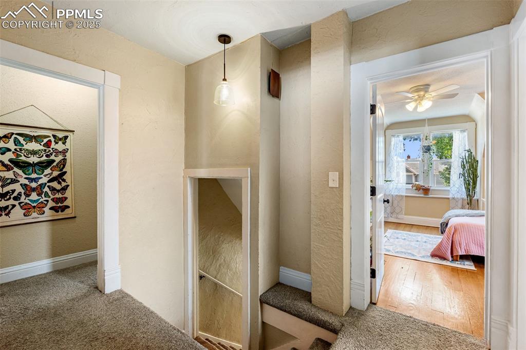 Corridor with a textured wall, carpet floors, and wood finished floors