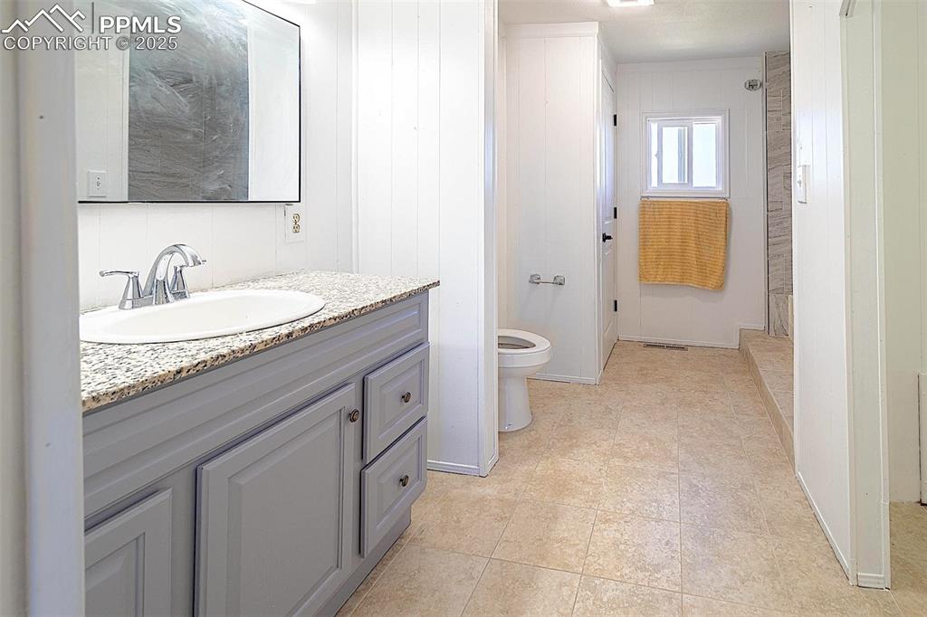 Bathroom featuring vanity, toilet, and tile patterned flooring
