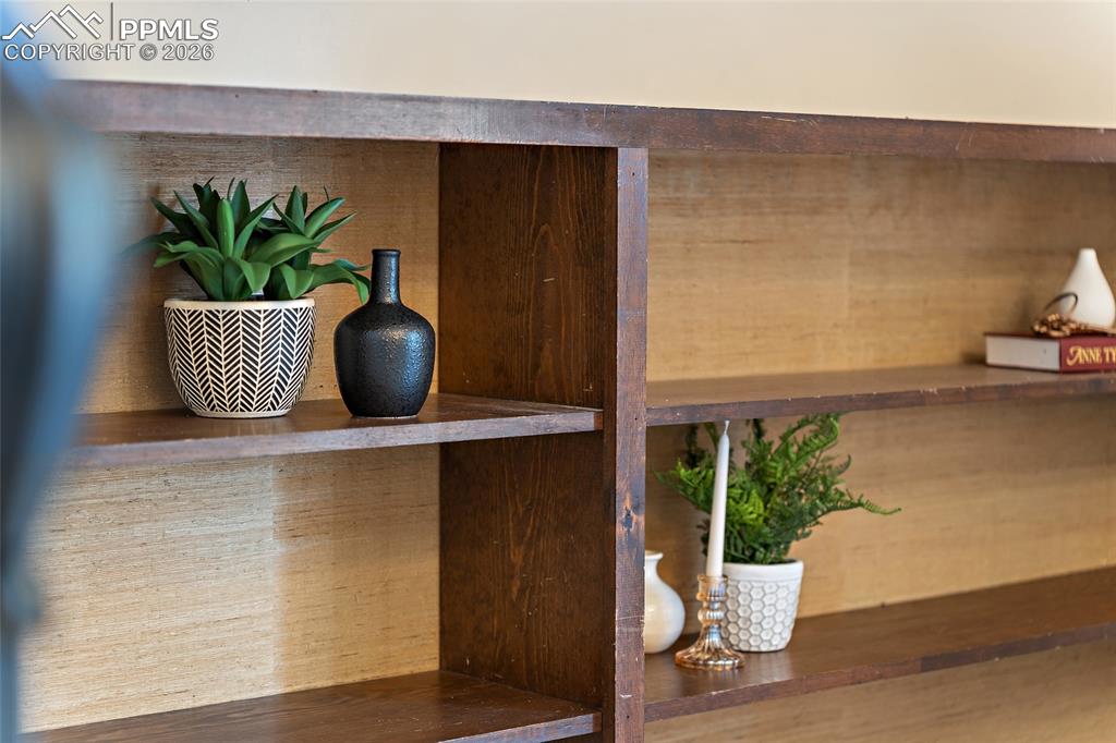 Detailed view of built in bookshelf in the lower level living room