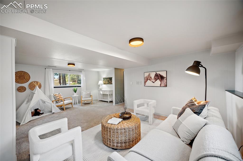 Living area with carpet and painted wood walls, garden level basement