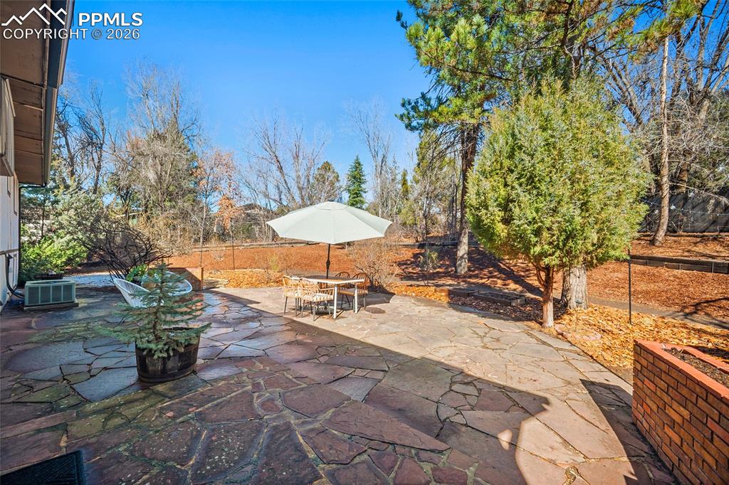 Fenced backyard featuring a huge patio area and outdoor dining space
