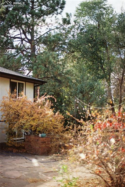 Film photo of the home in the spring. View of side of property with stucco siding