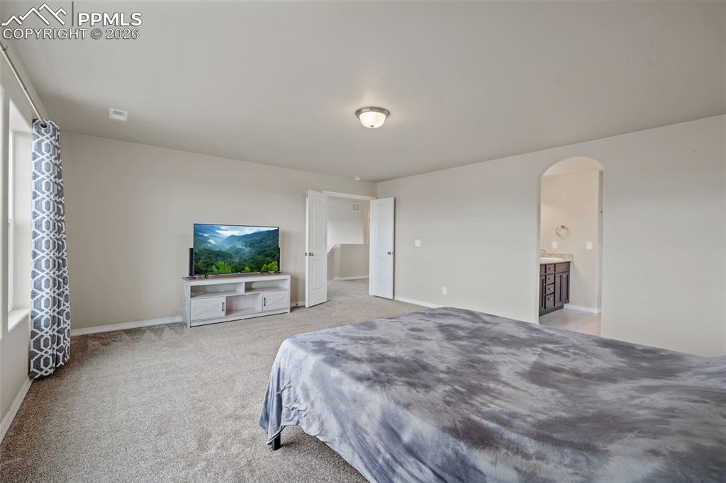 Bedroom with arched walkways and light carpet