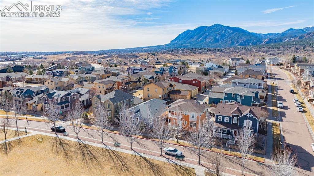 Aerial perspective of Gold Hill Mesa with Cheyenne Mountain in the backdrop