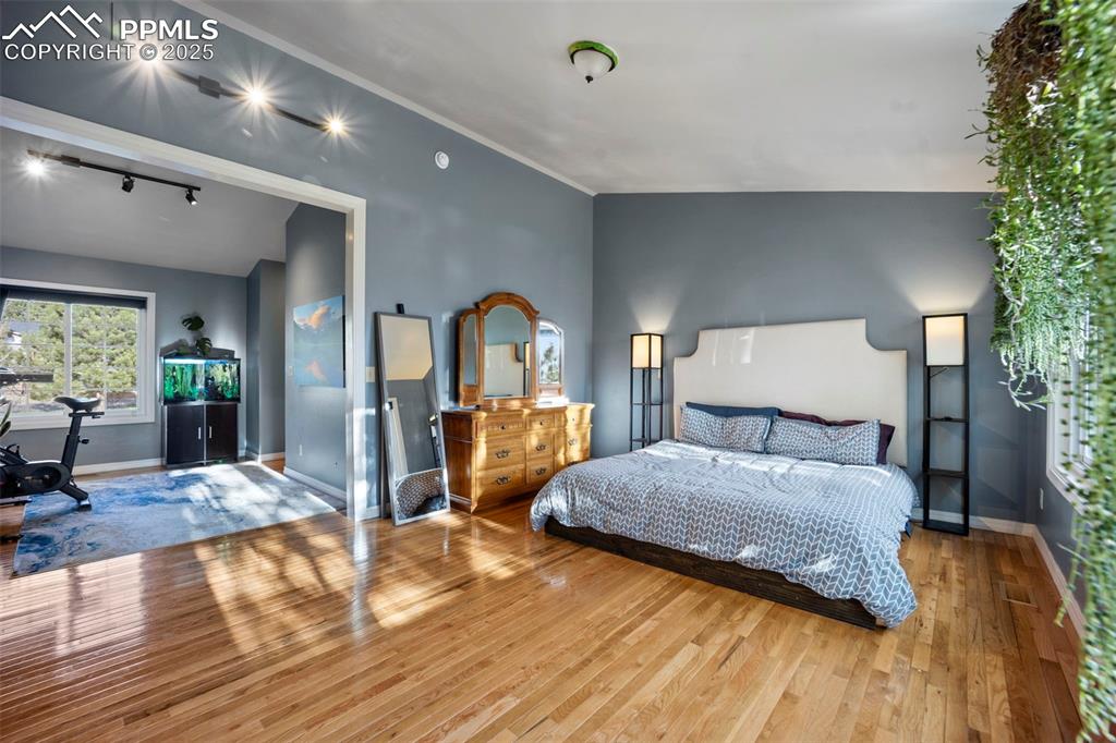 Bedroom with wood-type flooring, rail lighting, and baseboards
