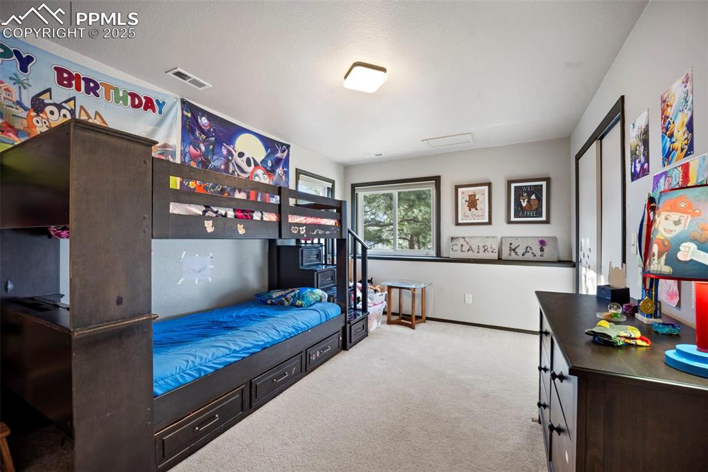 Bedroom featuring carpet flooring, visible vents, and baseboards