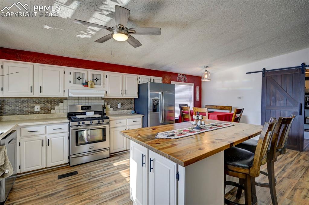 Kitchen with a barn door, white cabinetry, appliances with stainless steel finishes, decorative backsplash, and a kitchen island