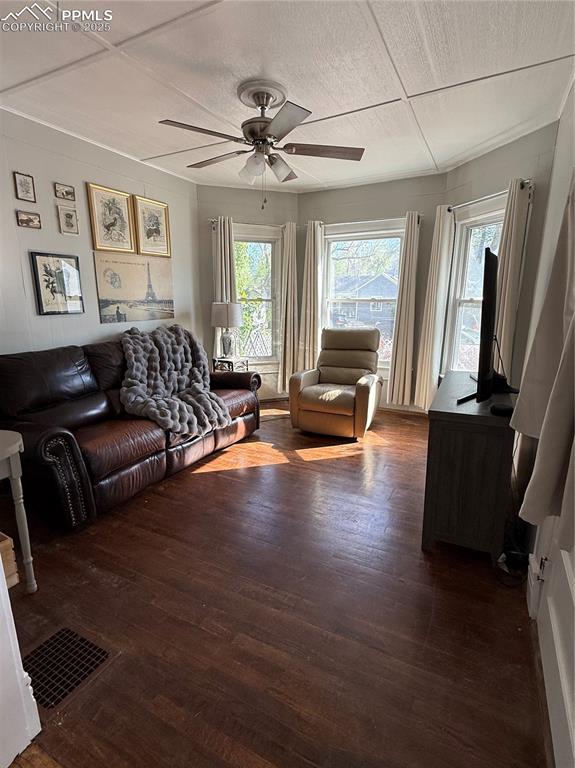 Living room with a ceiling fan, plenty of natural light, wood finished floors