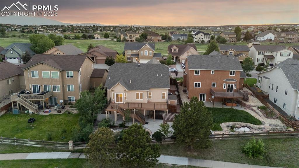 Aerial view at dusk of a residential view