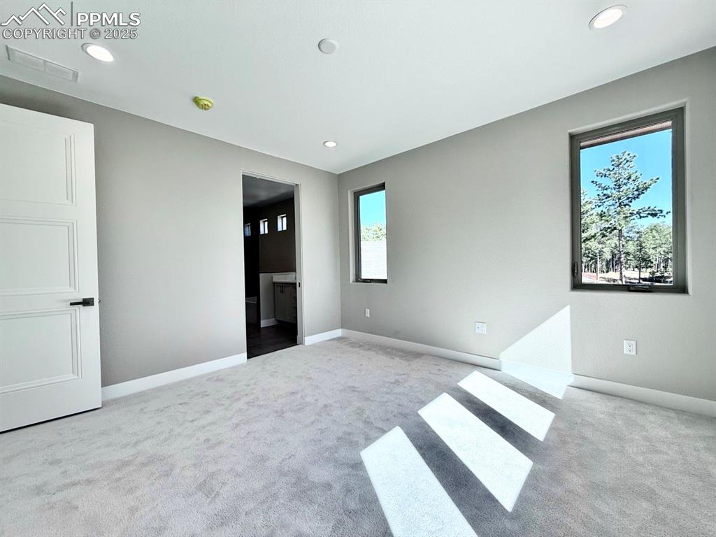 Main Level Primary Suite is Carpeted with large windows looking into the forest.