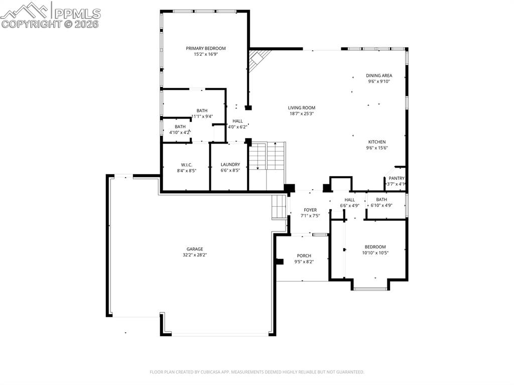 Main level floor plan showing open-concept living areas, primary suite, garage layout, and bedroom placement