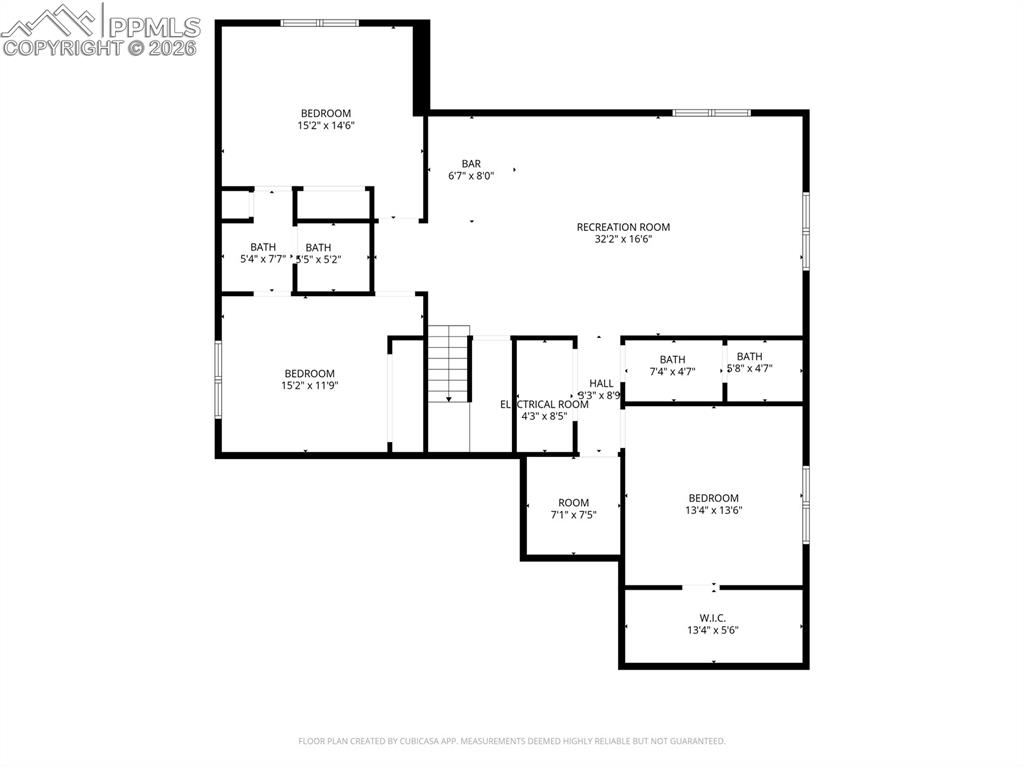 Basement floor plan illustrating finished recreation areas, bedrooms, bathrooms, and bar area