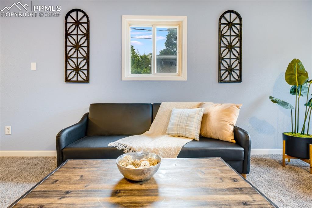 Living area with carpet floors and baseboards