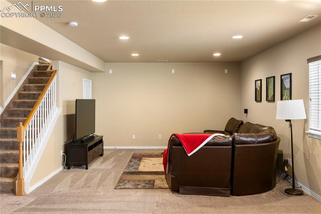 Finished basement with spacious family room. 
