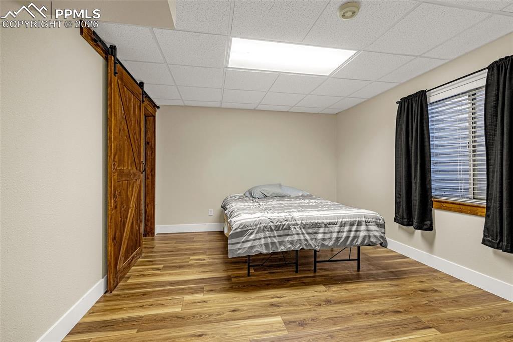 Spacious basement level bedroom accented with barn door style walk in closet