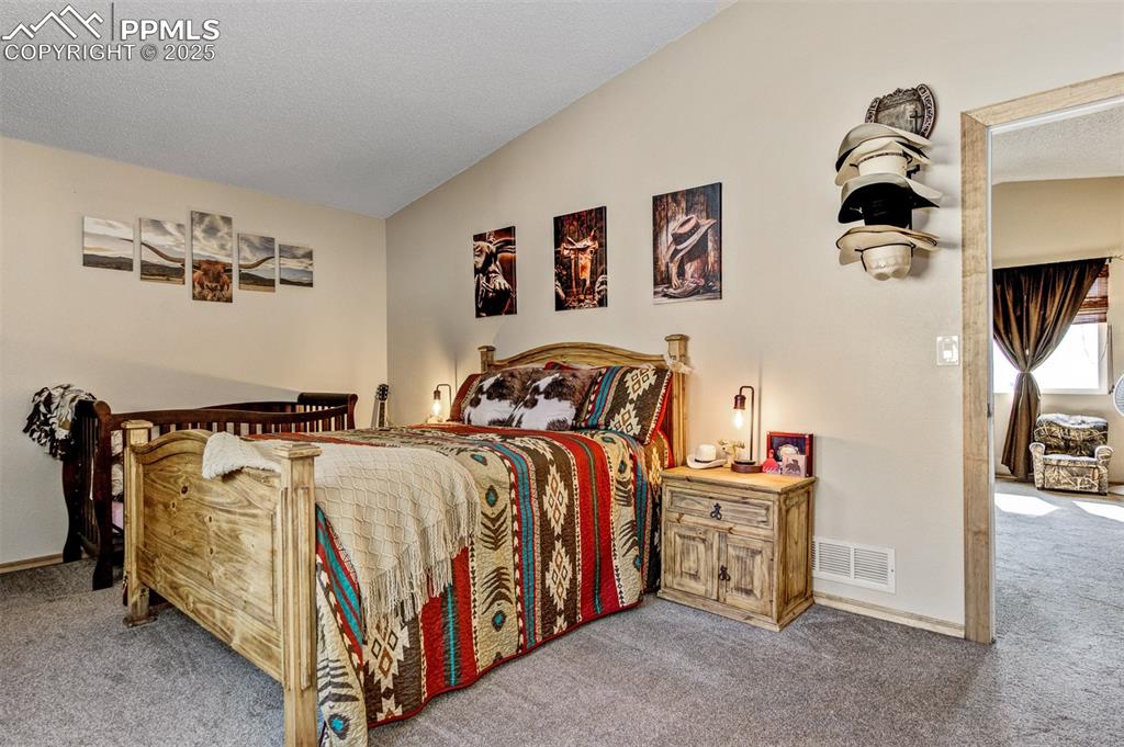 Bedroom featuring carpet and lofted ceiling