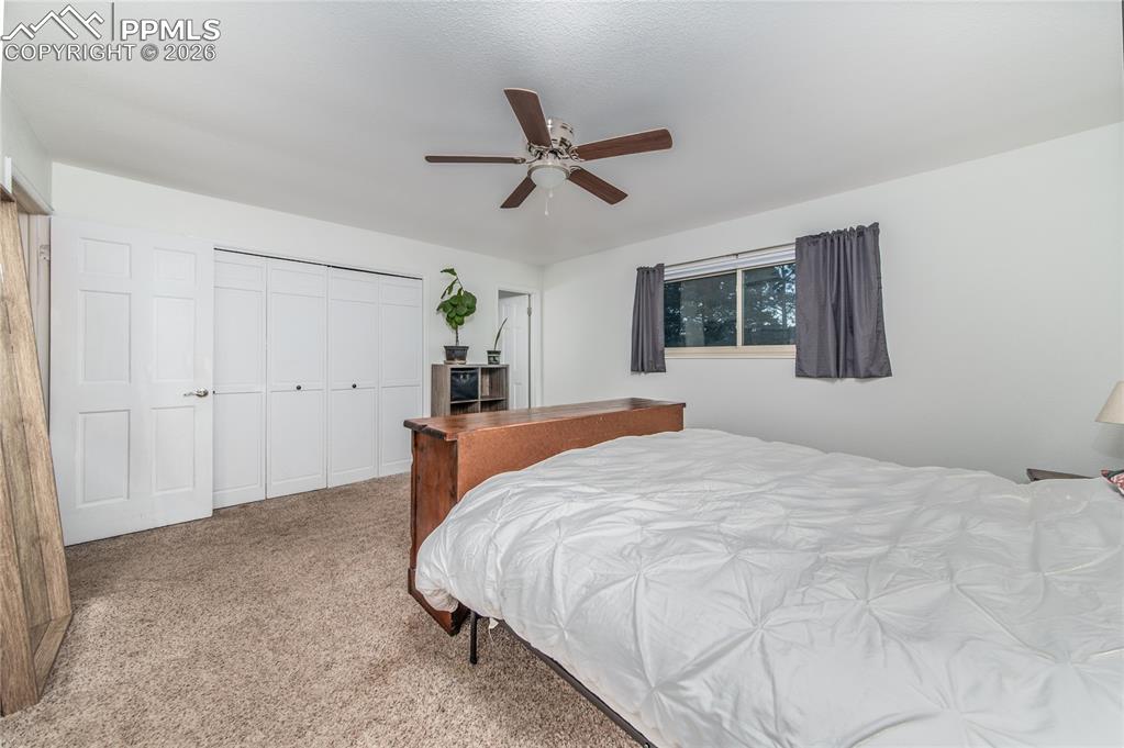 Bedroom featuring carpet floors, a ceiling fan, and a closet