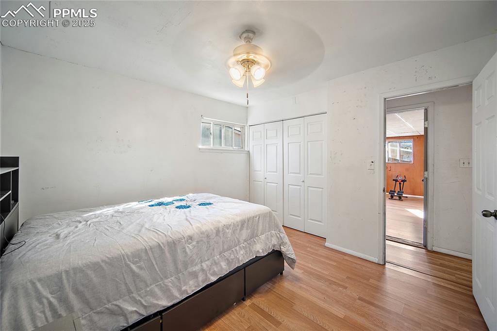 Bedroom featuring light wood-style floors, a closet, and ceiling fan