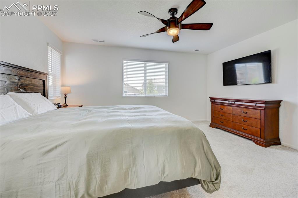Bedroom featuring multiple windows, light colored carpet, and a ceiling fan
