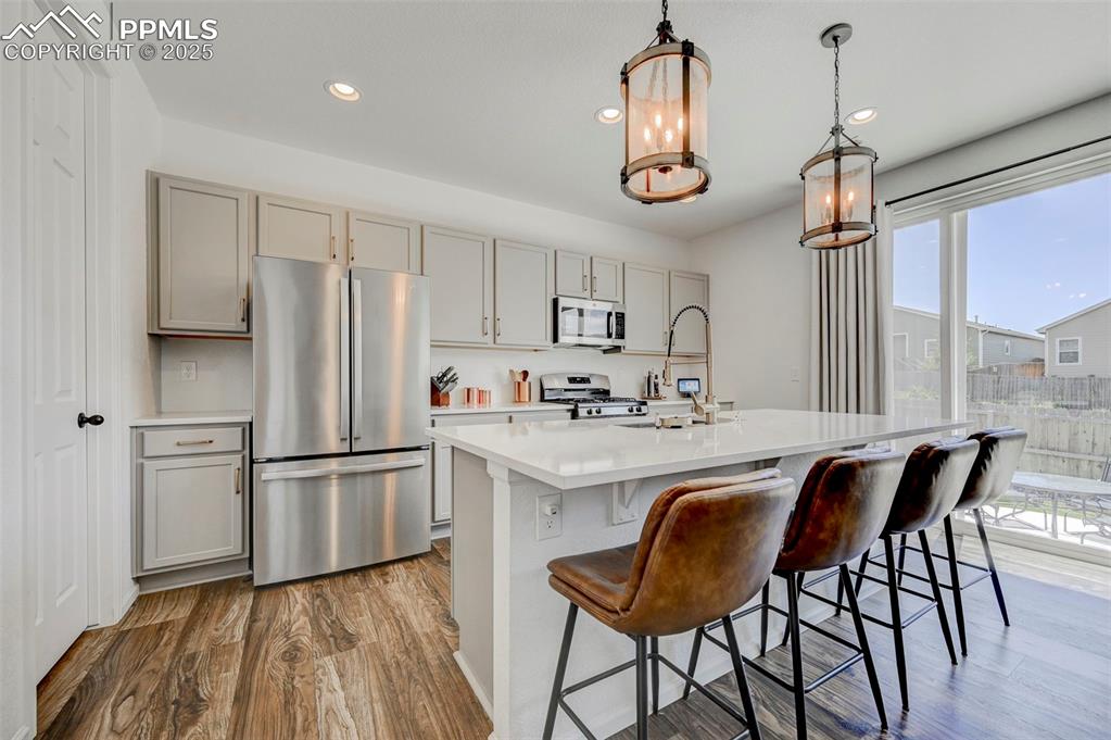 Kitchen with appliances with stainless steel finishes, gray cabinetry, healthy amount of natural light, wood finished floors, and recessed lighting