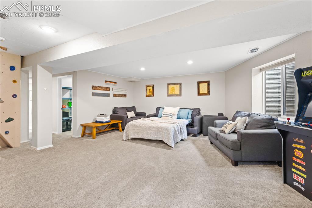 Family Room featuring carpet, climbing wall, and lots of space for fun.