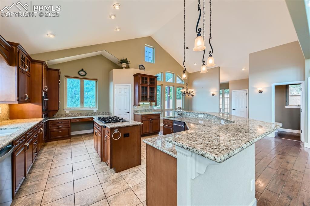Kitchen featuring a large island, glass insert cabinets, stainless steel dishwasher, healthy amount of natural light, and high vaulted ceiling