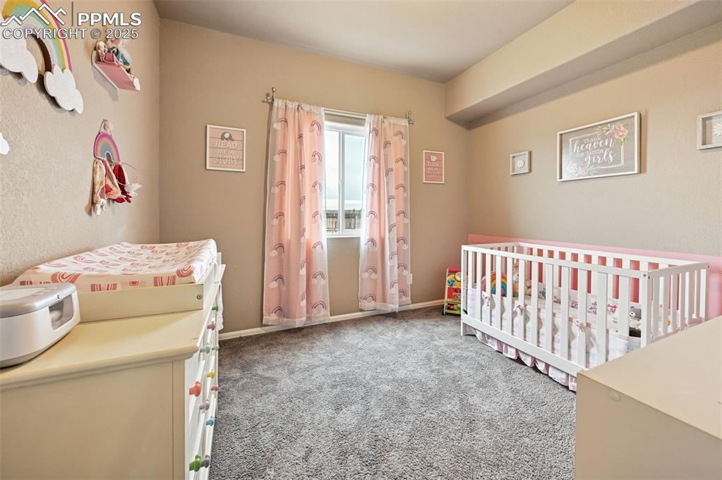 Bedroom with a nursery area and carpet floors