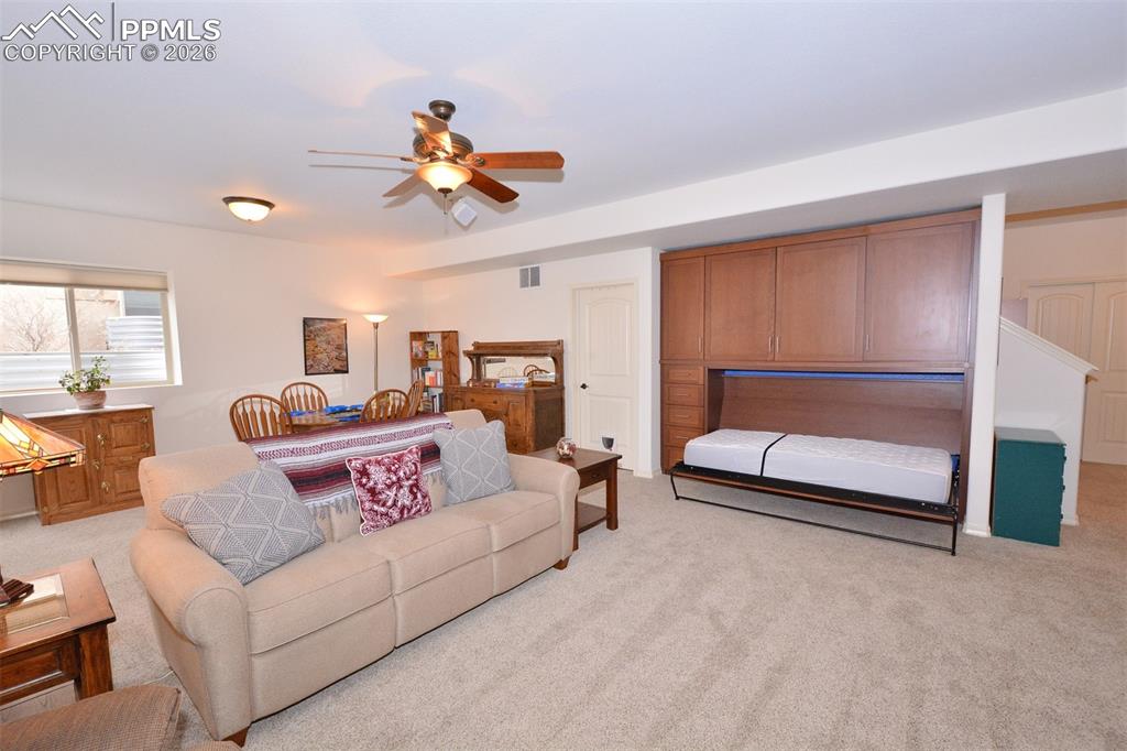 Family room in basement with built-in murphy bed