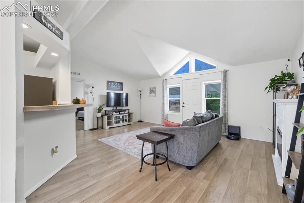Living room featuring light wood-type flooring and high vaulted ceiling