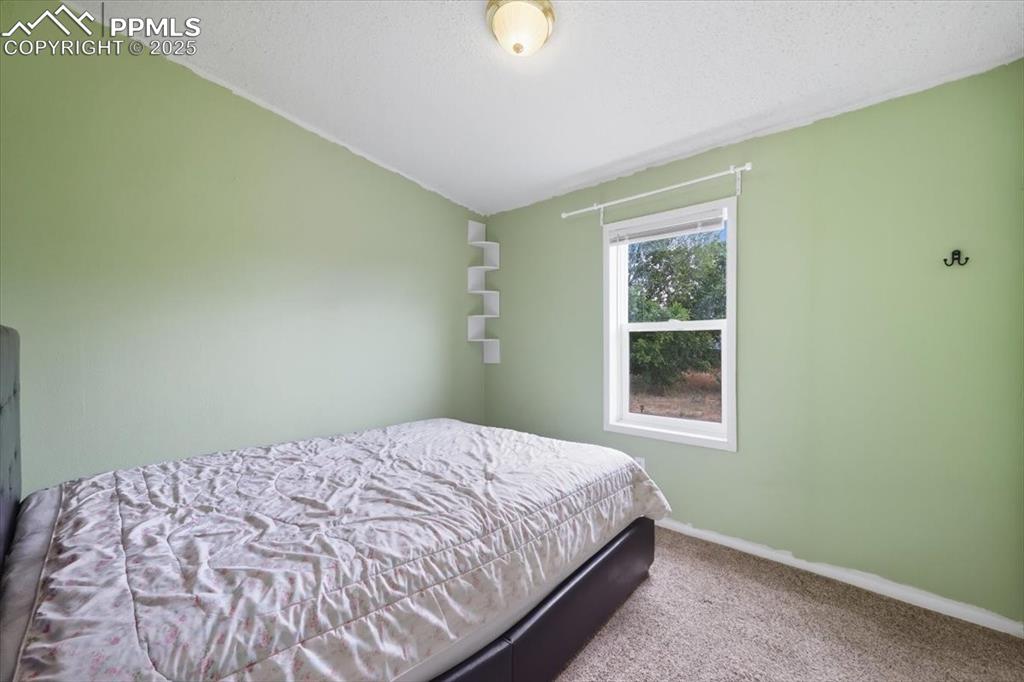 Bedroom featuring carpet and a textured ceiling