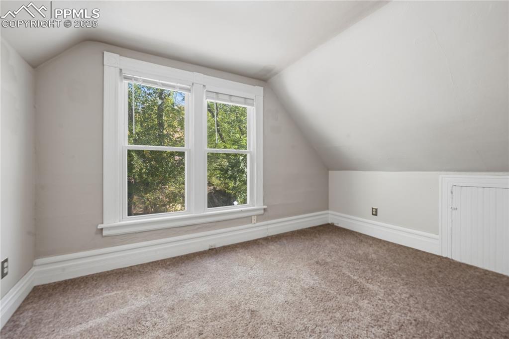Bonus room with lofted ceiling and carpet flooring