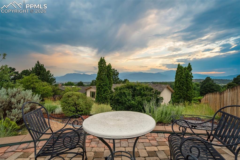 Summer photo of upper patio overlooking the mountain range