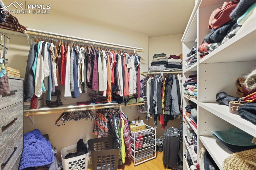 Walk in closet with light wood-style flooring