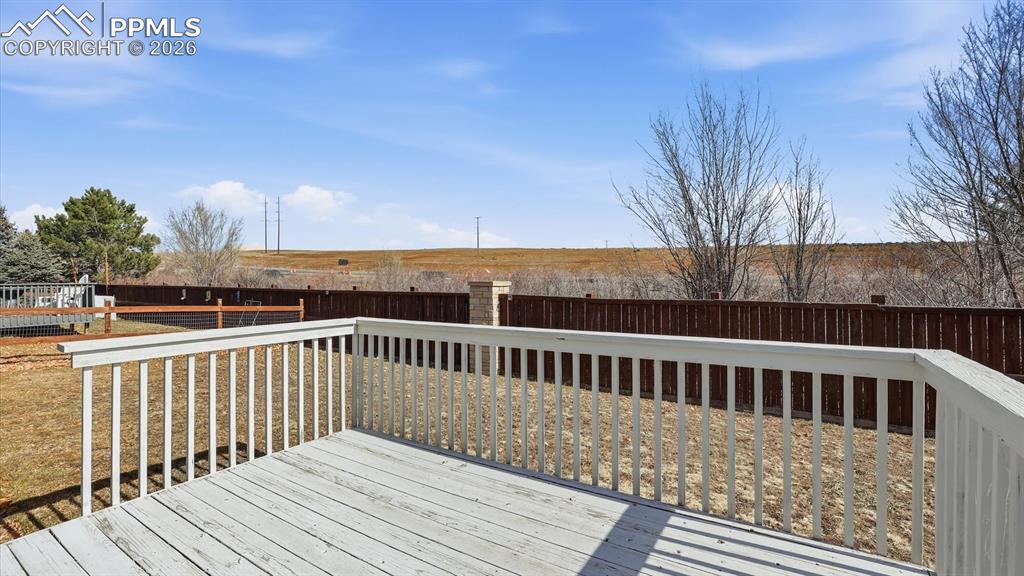 The Backyard Deck overlooks the well manicured fenced yard.