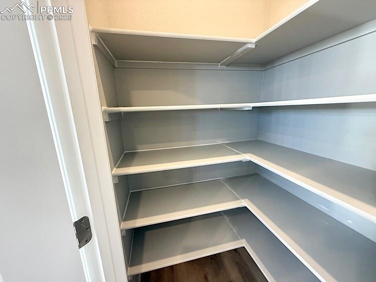 Spacious Kitchen Pantry with painted wood shelving.
