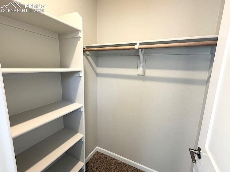 Walk-in closet with wood shelving and rod in the 3rd Bedroom!
