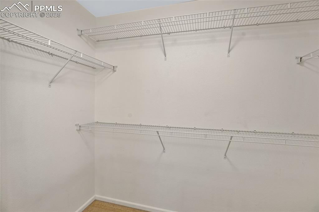 Walk in closet featuring light carpet